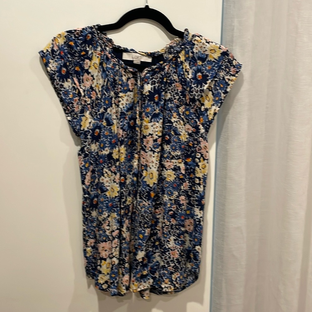 Garden Button Tie Neck Top, color Deep Space Blue, size Small